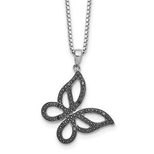 White Night Sterling Silver Black Diamond Butterfly 18" Necklace w 2" Extender